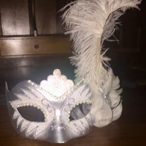 New White Silver Feather Italian Masquerade Mask
